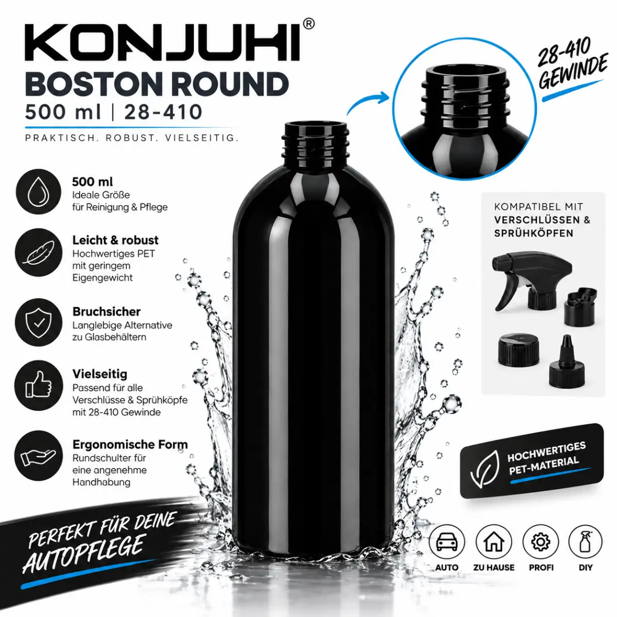 KONJUHI Boston Round 500 ml Kunststoffflasche 28-410