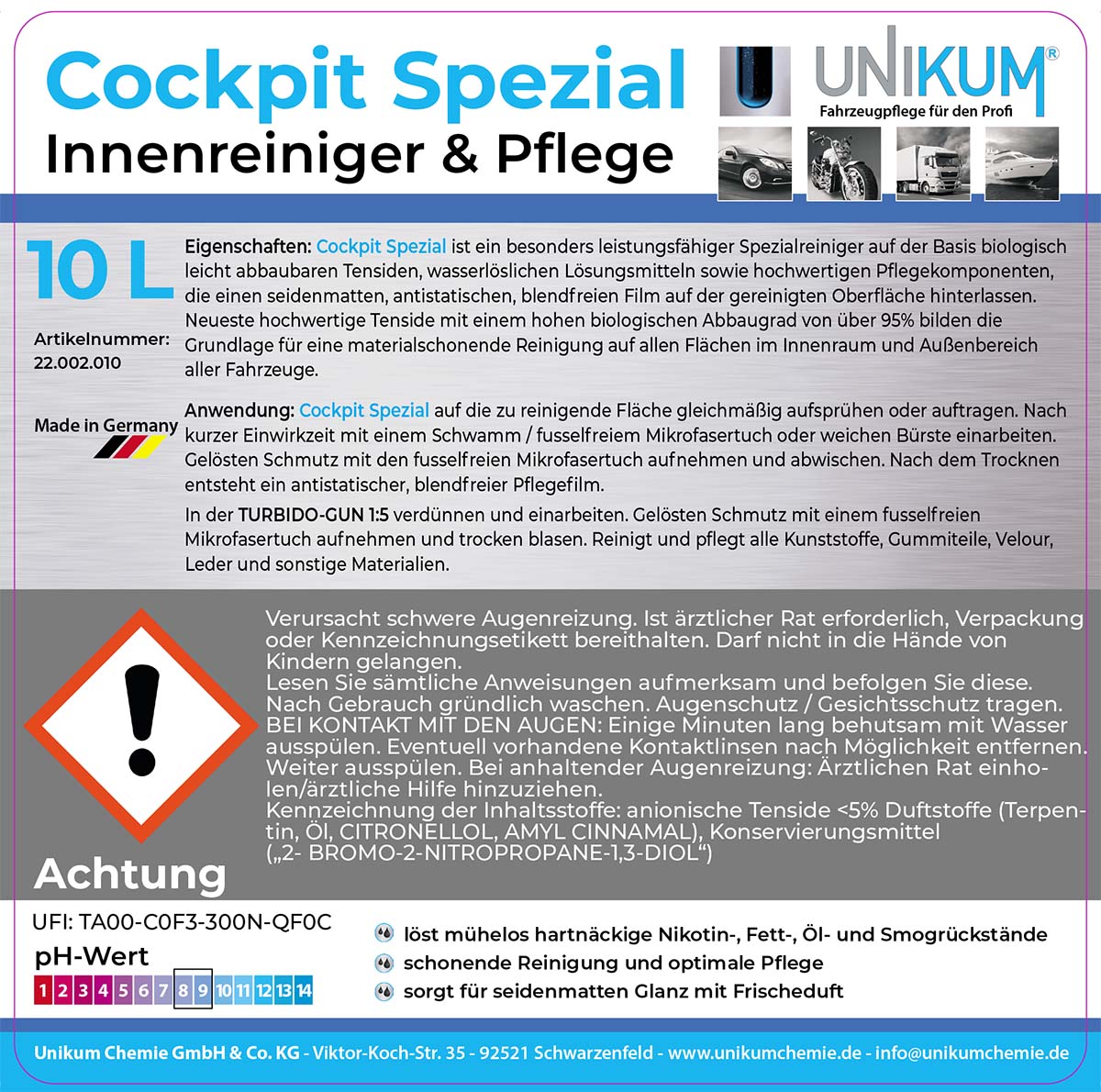 Unikum Cockpit Spezial Innenreiniger & Pflege 10L Unikum Cockpit Spezial Innenreiniger & Pflege 10L