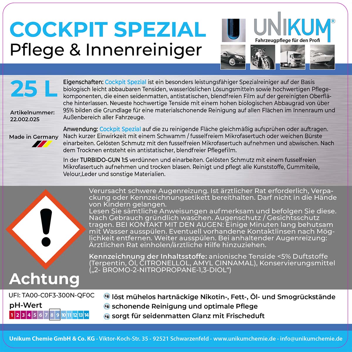 Unikum Cockpit Spezial Innenreiniger & Pflege 25L Unikum Cockpit Spezial Innenreiniger & Pflege 25L