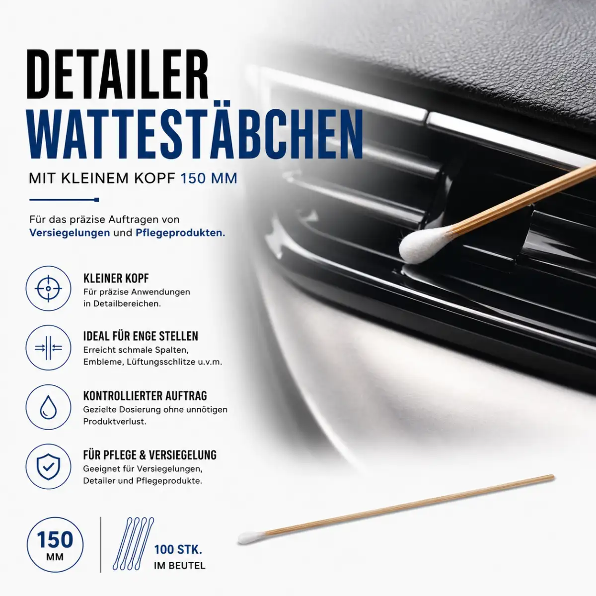 Detailer Wattestäbchen mit kleinem Kopf 150mm - 1 Packung (100 Stück)
