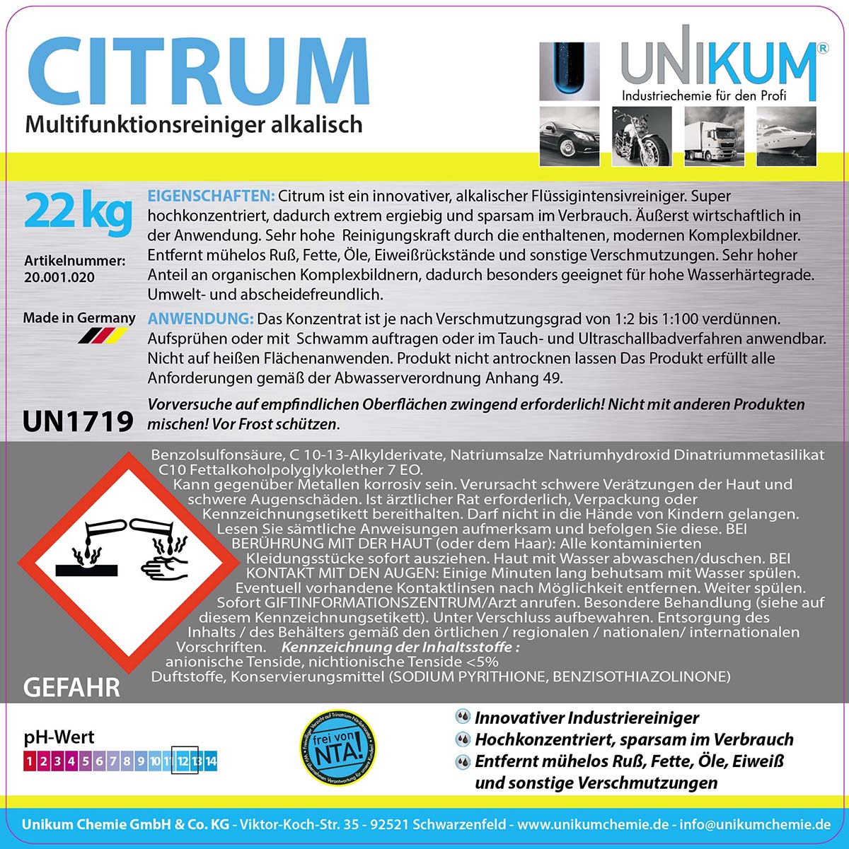 Unikum Citrum Multifunktionsreiniger alkalisch 22kg Unikum Citrum Multifunktionsreiniger alkalisch 22kg