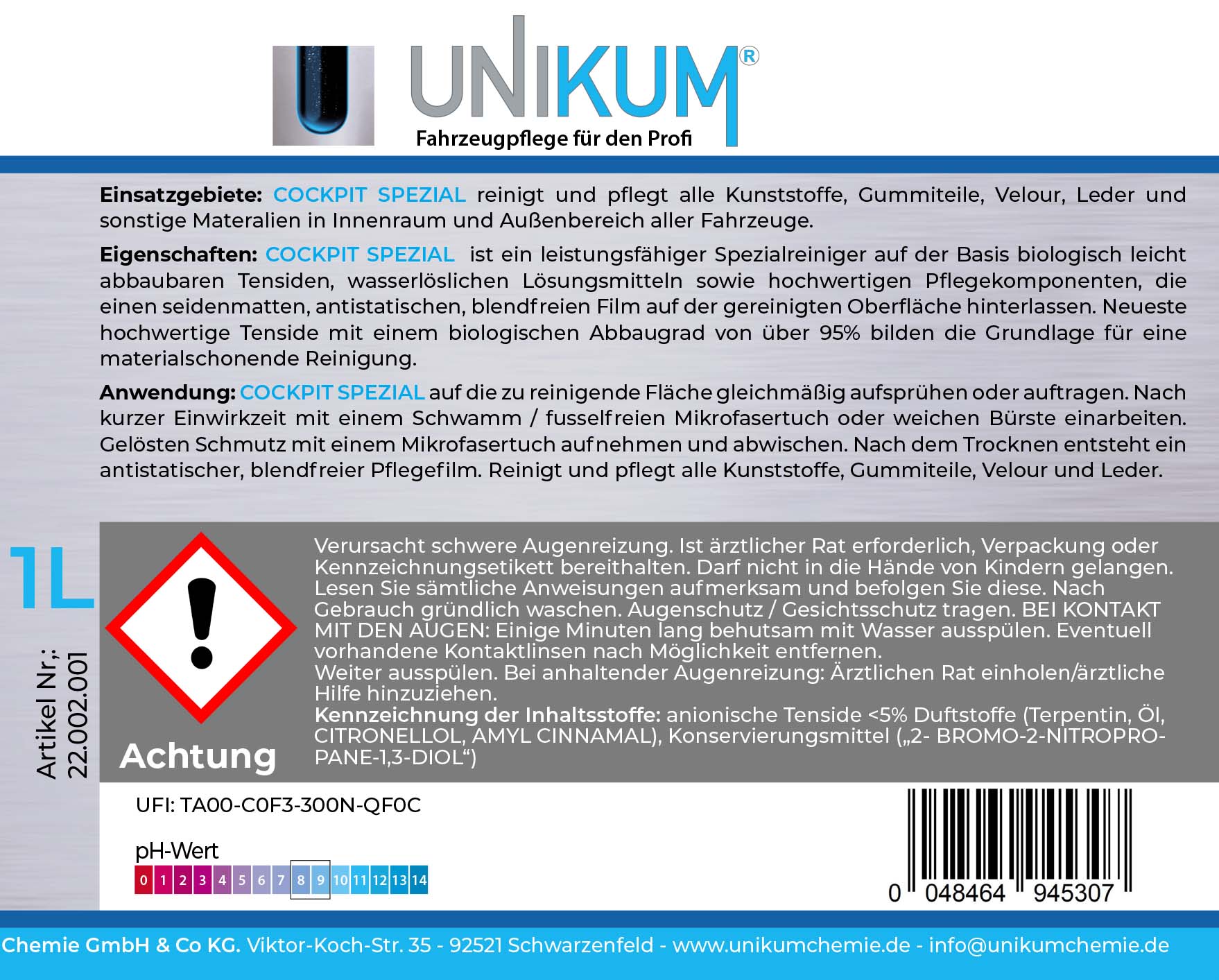 Unikum Cockpit Spezial Innenreiniger & Pflege 1L Unikum Cockpit Spezial Innenreiniger & Pflege 1L