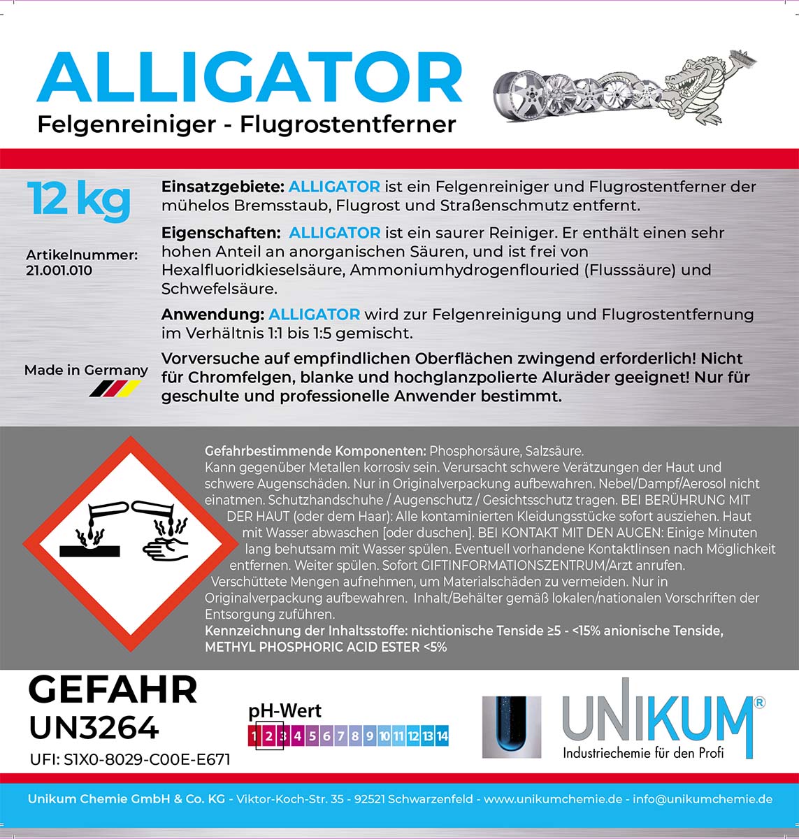 Unikum Alligator Felgenreiniger & Flugrostentferner 12Kg Unikum Alligator Felgenreiniger & Flugrostentferner 12Kg