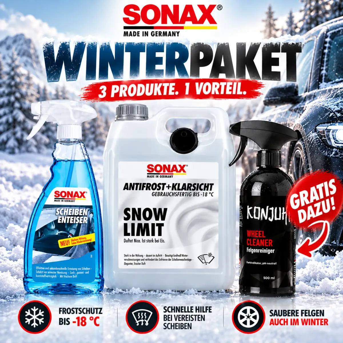 SONAX AntiFrost 5L + Scheibenenteiser & Gratis-Felgenreiniger Winterpaket
