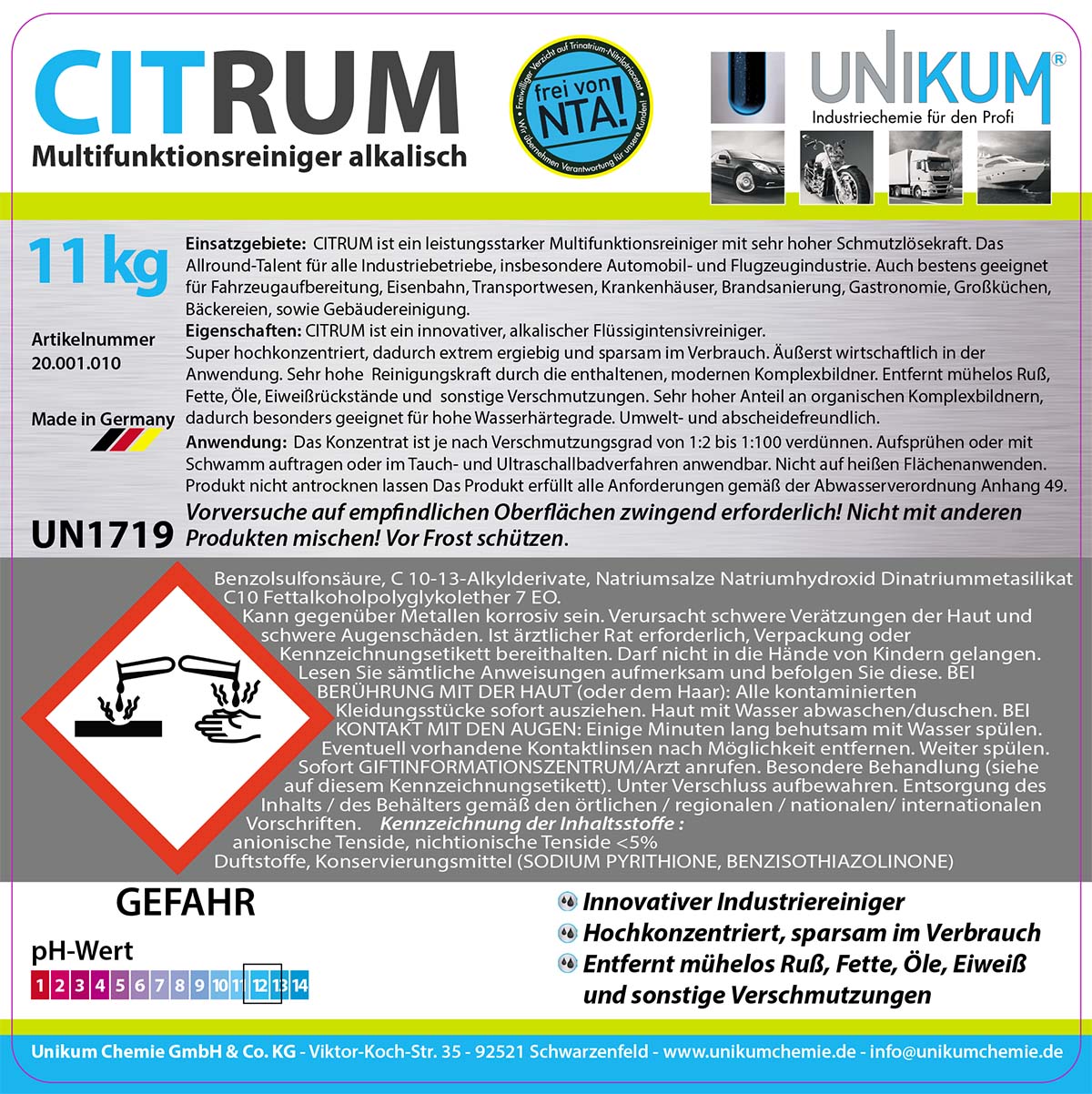 Unikum Citrum Multifunktionsreiniger alkalisch 11kg Unikum Citrum Multifunktionsreiniger alkalisch 11kg